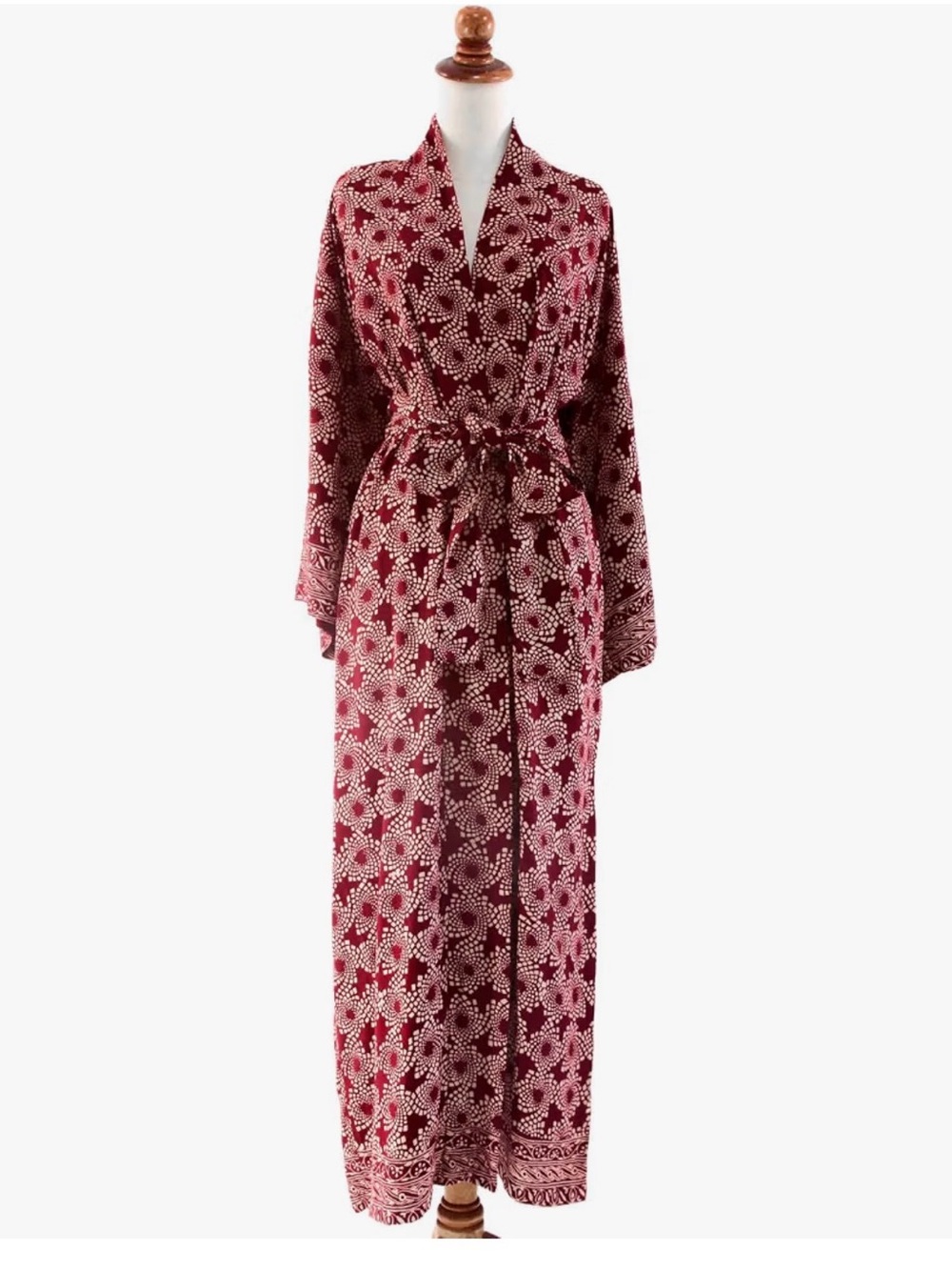 Long Burgundy Floral Wrap Robe with Tie Waist